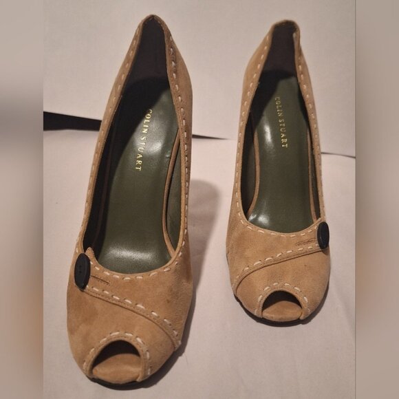 Vintage Colin Stuart Brown Suede Peep Toe Heels 7.5 Chunky Office Retro Academia - Picture 8 of 11